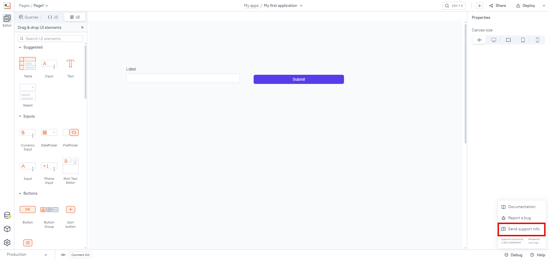 Send support info option in the Editor help menu